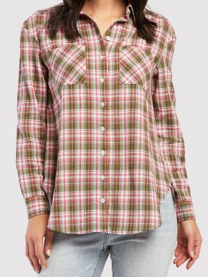 Long Sleeve Button Down Shirt. Chest Patch Pockets Shirred Shoulder Detail