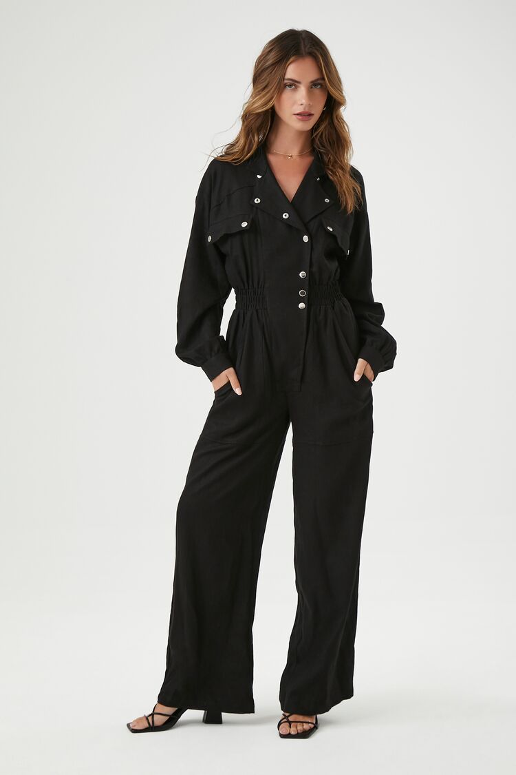 Linen-Blend Notched Jumpsuit