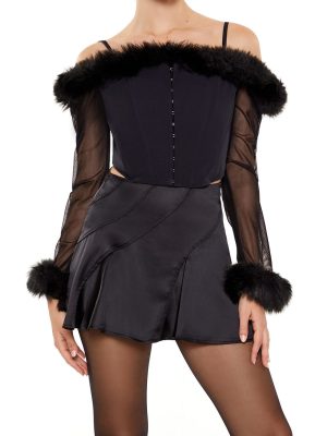Faux Fur-Trim Open-Shoulder Top