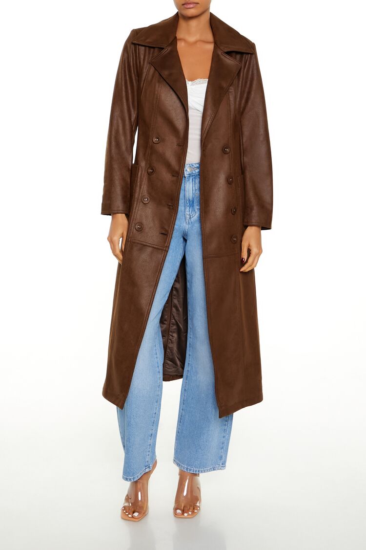 Notched Faux Suede Trench Coat