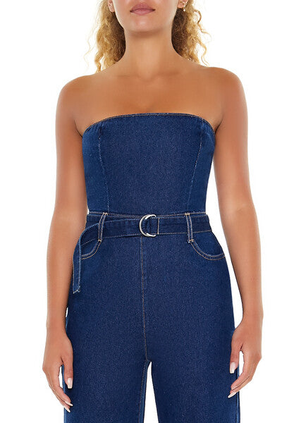 Belted Strapless Denim Jumpsuit - Image 2